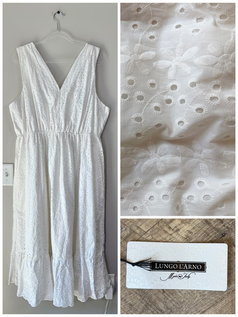 Lungo L’Arno White Floral Embroidered Eyelet Cotton Midi Dress Made in Italy